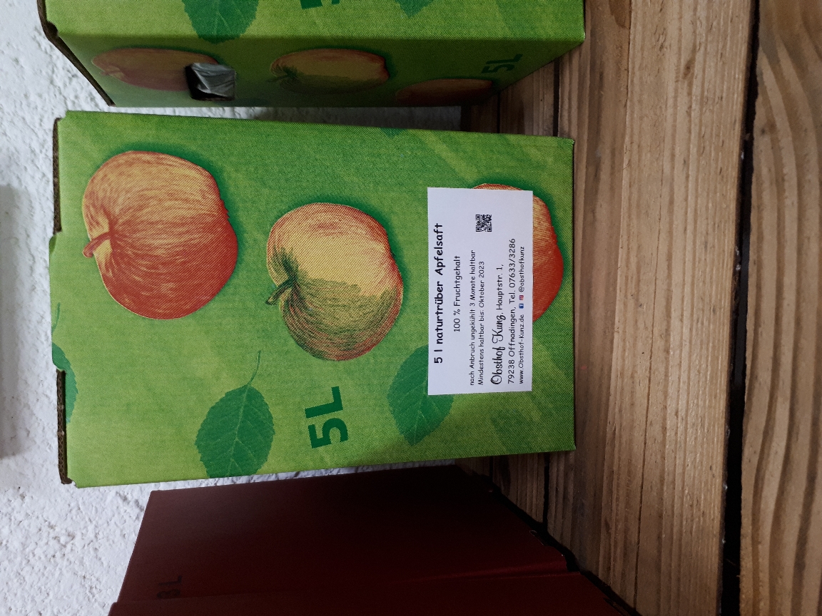 5 l - Bag-in-Box Apfelsaft naturtrüb (1l - 1,76 €) vom Obsthof Kunz aus Ehrenkirchen-Offnadingen