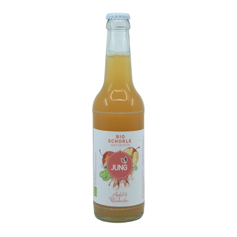 Bio Apfel-Rhabarber-Schorle von Jung aus Teningen, 0,33l Flasche ( 1Liter/ 4,14€)